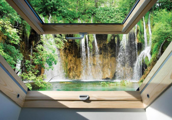 3D Fotobehang uitzicht vanuit het raam op grote watervallen
