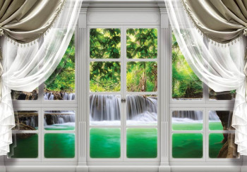 3D Fotobehang Waterfall Window View