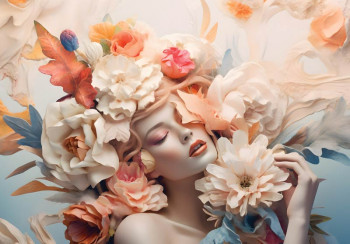 Fotobehang Elegante Vrouw tussen de Pastel Bloemen