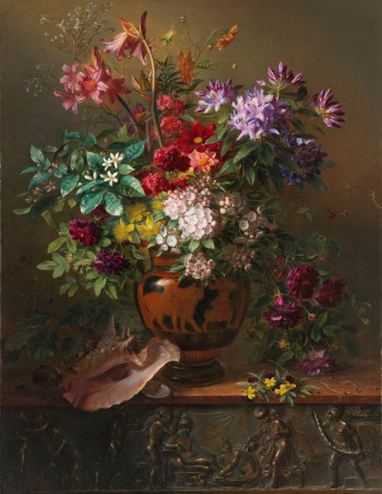 Fotobehang Schilderij Stilleven met bloemen in een Griekse vaas: allegorie op de Lente, Georgius Jacobus Johannes van Os