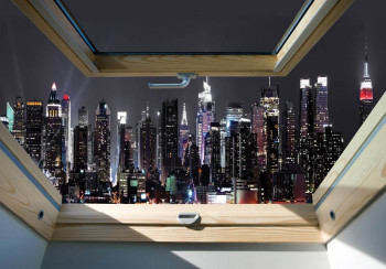 Fotobehang Uitzicht op New York in de Nacht vanuit het Raam 3D