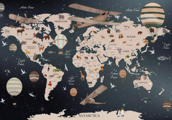 Fotobehang Wereldkaart met Dieren en Ballonnen