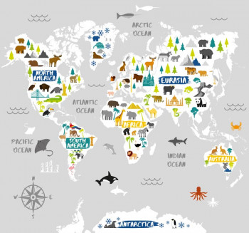 Fotobehang Wereldkaart met Dieren
