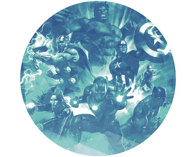 Avengers met blauwe krachtstralen, afgebeeld op een Marvel behangcirkel.
