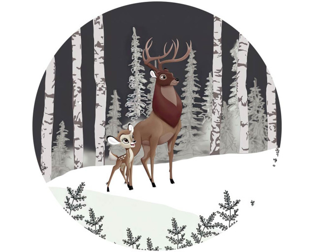 Behangcirkel van Bambi, de Grote Prins van het Woud, in een serene bosomgeving met zachte natuurelementen.