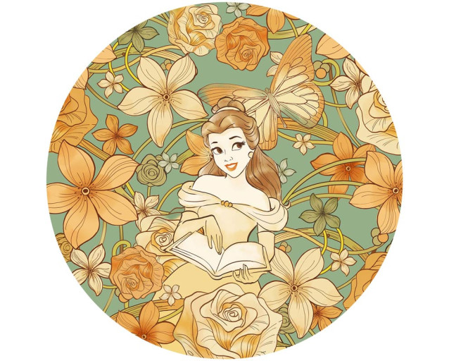 Behangcirkel van Belle uit Beauty and the Beast in een herfstachtige setting, omgeven door oranje bladeren en zachte kleuren.