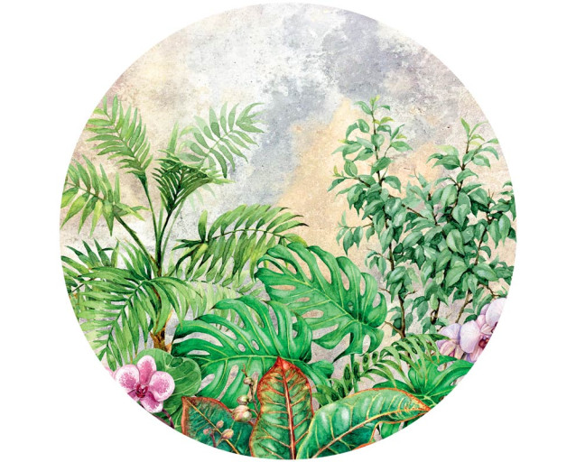 Botanische planten in een groene jungle, prachtig weergegeven op een behangcirkel.
