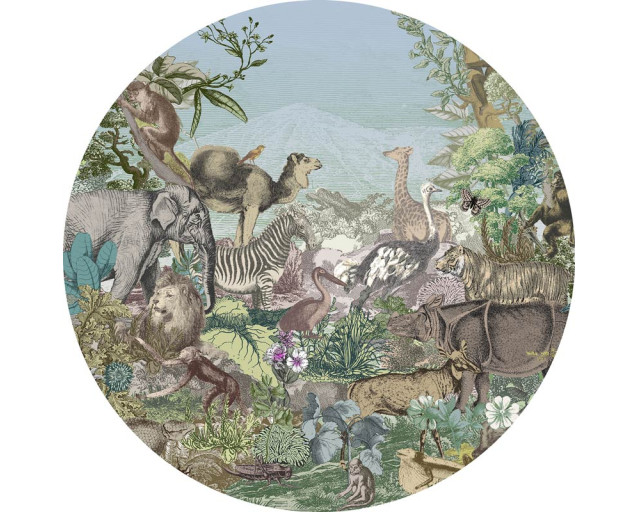 Diverse dieren in een dierenrijk, perfect voor een kinderkamer op een muurcirkel.