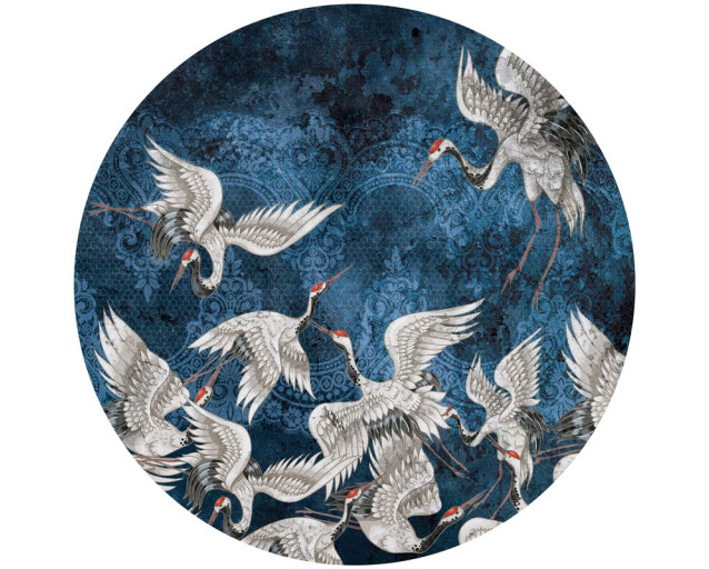 Luxe abstracte kraanvogel kunst in kleurrijke tinten op een muurcirkel.