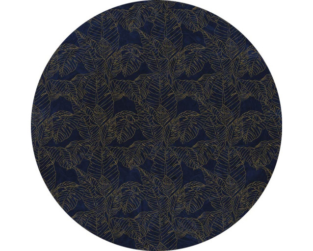Royal blauwe bladeren met gouden accenten op een stijlvolle muurcirkel.