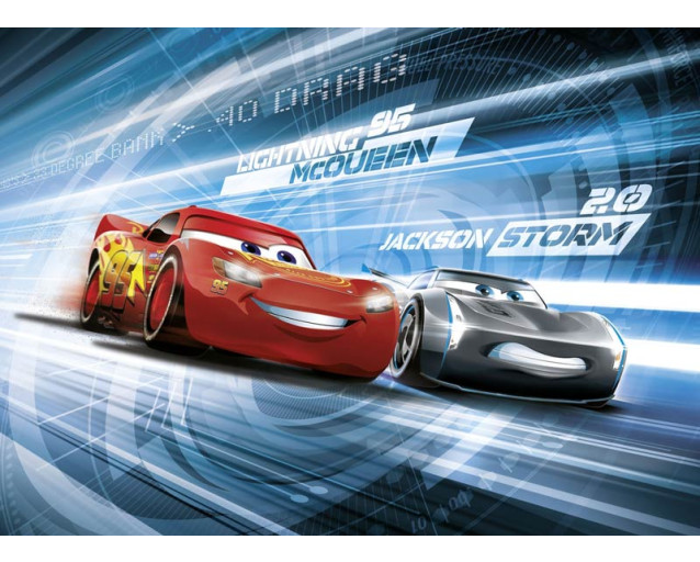 Disney Cars 3 fotobehang met een simulatiescène, ideaal voor een speelse kinderkamer.