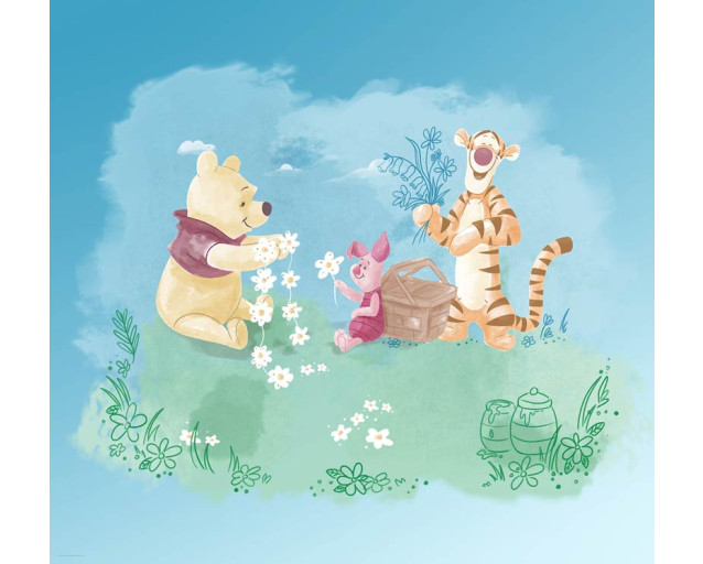 Winnie de Poeh picknick fotobehang, ideaal voor een speelse en kleurrijke kinderkamer.