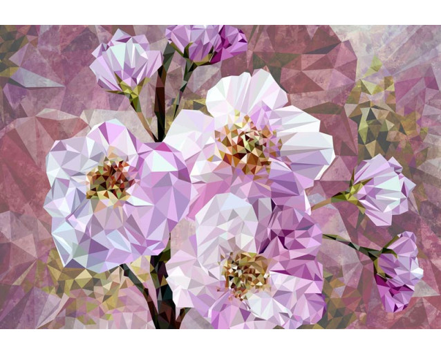 Fotobehang met bloeiende edelstenen en kristallen bloemen, weergegeven in een abstracte kunststijl.