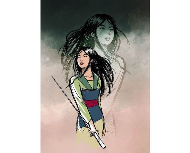 Brave Mulan fotobehang toont Mulan in een stoere gevechtshouding, met een mistige achtergrond van traditionele Chinese tempels.