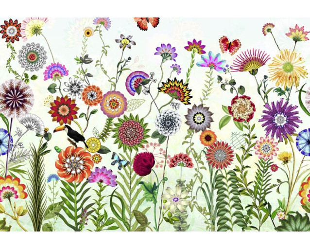Een levendig abstract ontwerp van Braziliaanse bloemen, perfect voor een kleurrijk en exotisch interieur.