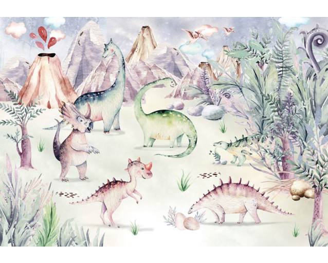 Kinderbehang van dinosaurussen die door een kleurrijke jungle spelen, speciaal voor kinderkamers.