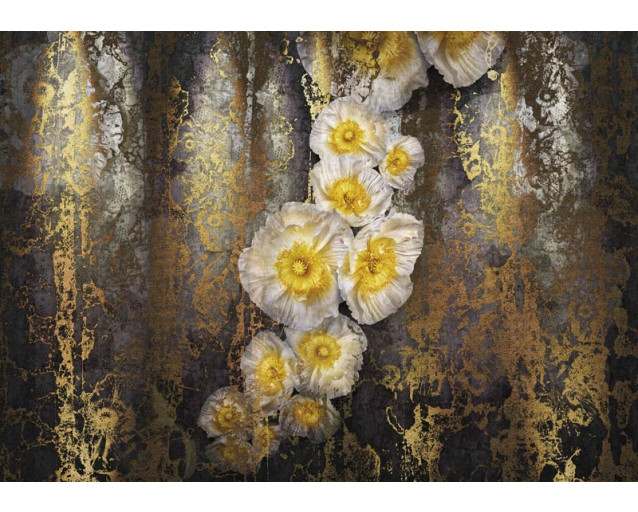 Dit fotobehang met gouden klaprozen bloemen voegt luxe en elegantie toe aan een kamer met een abstract bloemenontwerp.