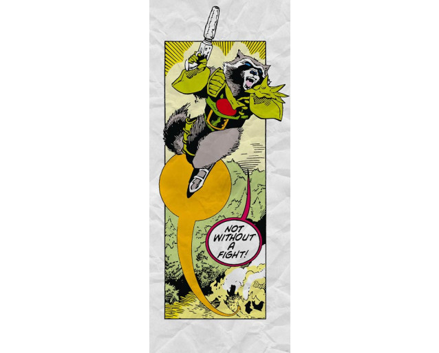 Guardians of the Galaxy retro comic fotobehang met Rocket Raccoon in actie.
