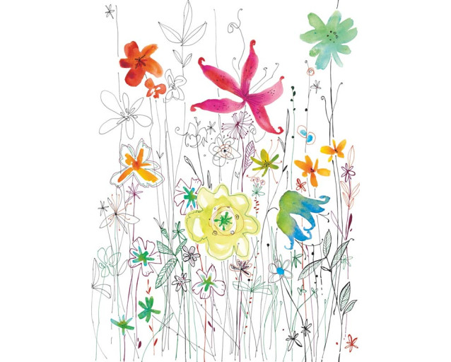 Fotobehang van een kleurrijk kunstwerk met bloemen, brengt levendigheid en creativiteit in elke kamer.