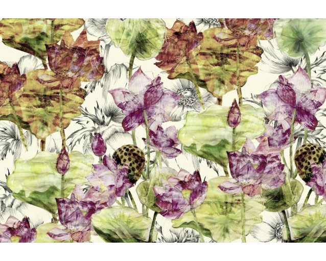 Lotusbloem fotobehang met delicate bloemen in een kunstzinnig en abstract ontwerp, ideaal voor rustgevende ruimtes.