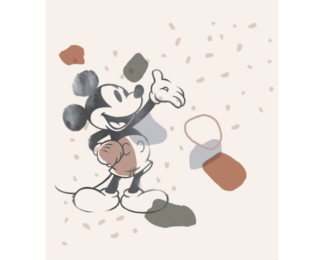 Mickey Mouse Confetti fotobehang met een vrolijke Mickey Mouse die in de lucht springt, omringd door kleurrijke confetti in een feestelijke setting.