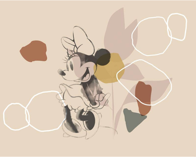 Minnie Mouse Soft Shapes fotobehang toont zachte vormen en kleuren met een schattige Minnie Mouse in het midden.