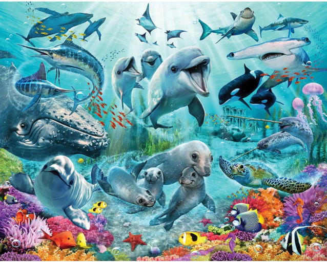 Fotobehang van een onderwaterwereld, met kleurrijke zeedieren en koraalriffen, ideaal voor de kinderkamer.