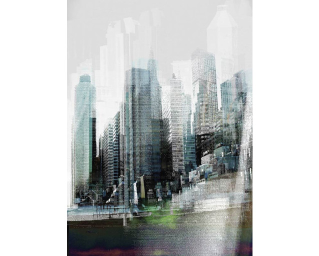 De skyline van een drukke stad, weergegeven in een abstract kunstwerk, perfect voor liefhebbers van moderne architectuur.