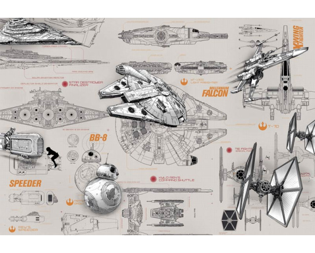 Blauwdrukken van iconische Star Wars voertuigen op een fotobehang, ideaal voor een sci-fi thema.