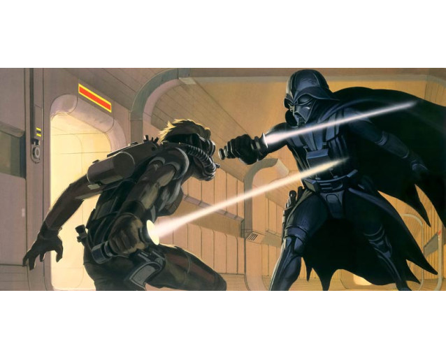 Star Wars Vader vs Luke fotobehang, een epische gevechtscène uit de originele trilogie.