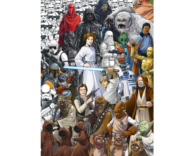 Star Wars collage fotobehang met helden en schurken uit de saga, een perfecte keuze voor een tienerkamer.