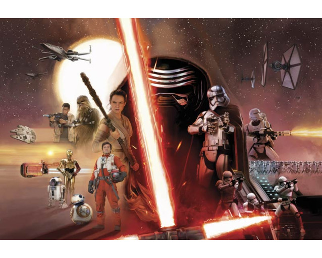 Fotobehang van de helden uit Star Wars Episode VII in een collage, ontworpen voor een stoere kamer.
