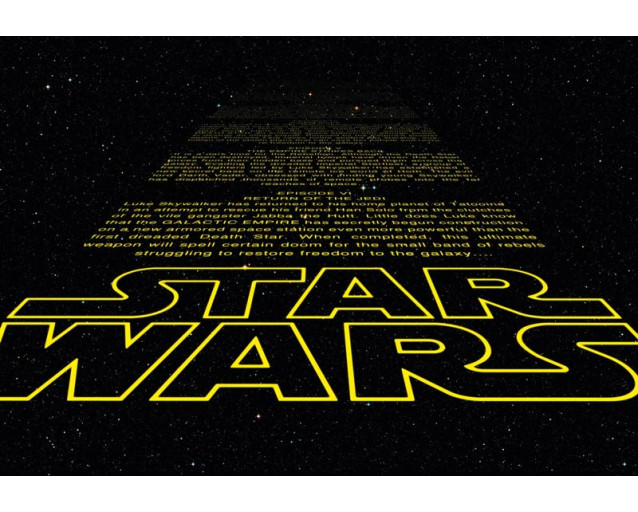 Star Wars intro fotobehang met de iconische gele tekst die door de ruimte zweeft.