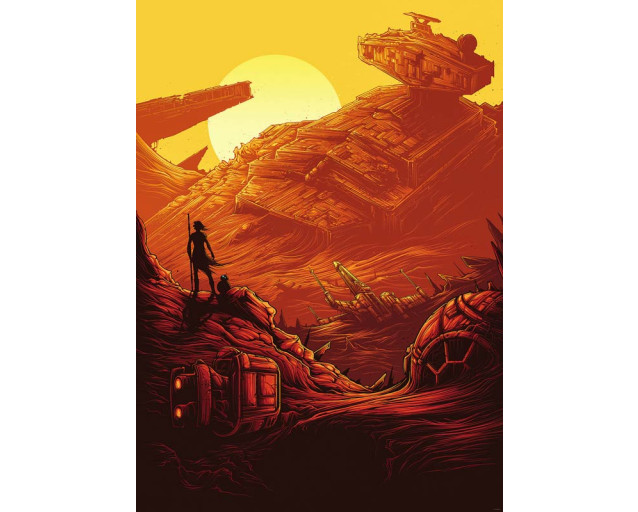 Jakku Star Destroyer fotobehang toont de wrakstukken van een Star Destroyer op de woestijnplaneet Jakku, met een epische sfeer.