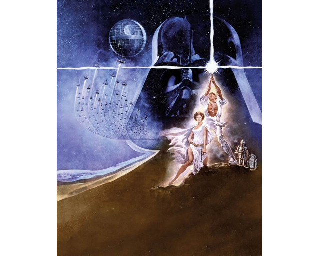 Klassieke Star Wars poster met iconische scènes en personages, zoals Luke Skywalker, Princess Leia, en Darth Vader.