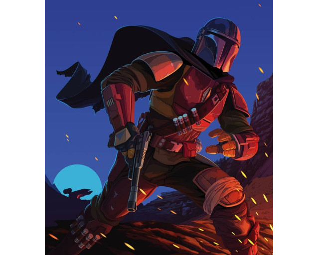 Mandalorian Ambush fotobehang toont de Mandalorian die in een hinderlaag valt, met explosies en Stormtroopers in het zicht.