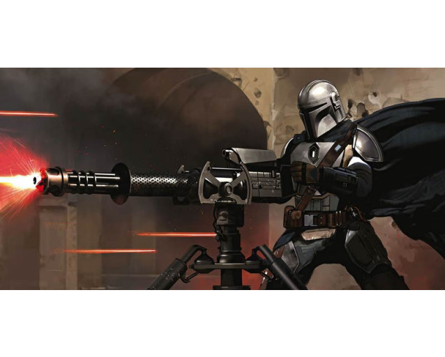 Mandalorian Blaster fotobehang toont de Mandalorian met zijn iconische blaster, klaar om te vuren, met een actievolle achtergrond.