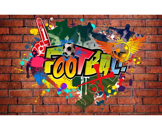 Straatkunst met graffiti-stijl voetbalspelers, energieke composities op een achtergrond van stedelijke elementen.