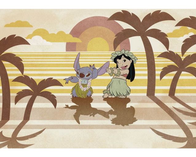Lilo en Stitch dansen hula op het fotobehang met een zonsondergang op de achtergrond.