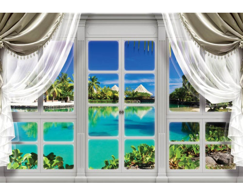 Hawaii-raamuitzicht op water en bergen in 3D-effect op fotobehang.