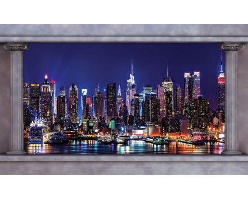 3D fotobehang van New York in de nacht, pilaren en stadsgezicht.