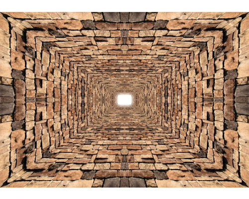 3D fotobehang van een stenen tunnel met bakstenen en een gang met diepte-effect.