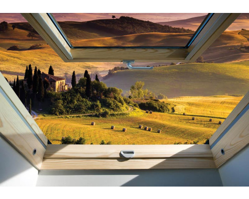 3D fotobehang met een uitzicht op een weids landschap door een dakraam.
