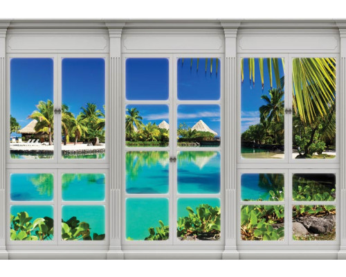 Uitzicht op Hawaii door een raam met 3D-perspectief op fotobehang.