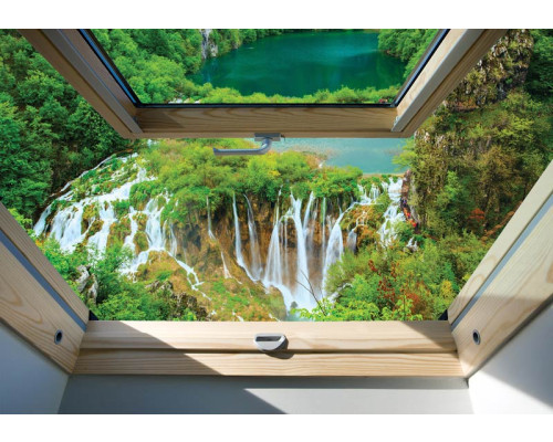 3D fotobehang met uitzicht op een indrukwekkende waterval, stromend door het bos.