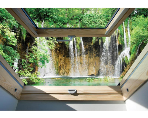 3D fotobehang met uitzicht op grote watervallen, water dat naar beneden stroomt.