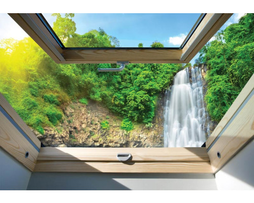 3D fotobehang met uitzicht op een waterval in een jungle, omringd door tropische planten.