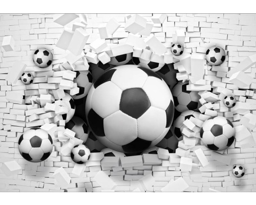 3D-fotobehang van voetballen die door een stenen muur heen breken, speciaal voor kinderen.