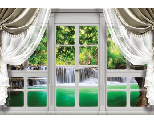 3D-fotobehang van een waterval die door een raam zichtbaar is, met 3D-effecten.