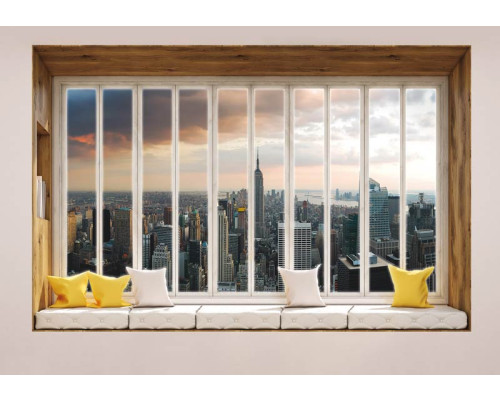 3D-perspectief fotobehang van New York met wolkenkrabbers, gezien door een raam.